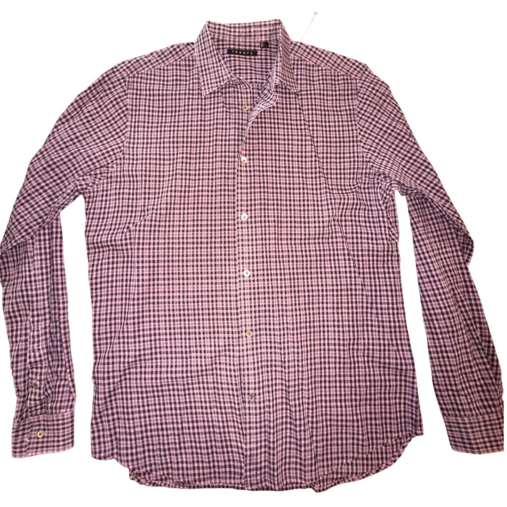 Theory Mens Purple Gingham Check Long Sleeve Button Down Cotton Shirt Size L